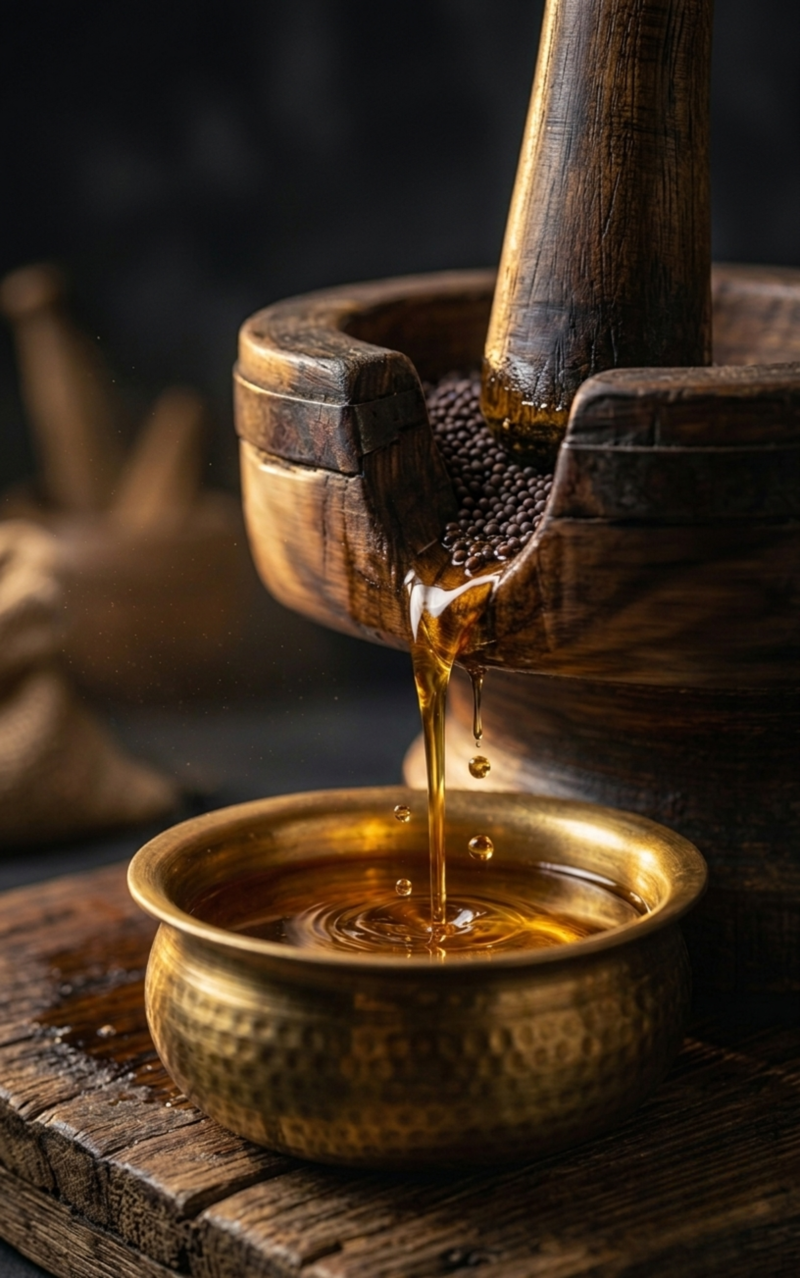 The wooden ghani turning slowly